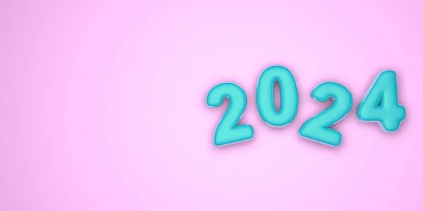 Bonne année 2024. Illustration 3D festive de nombres de vitraux en bleu sur un fond rose de nombres 2024. Signe 3D réaliste. Poster ou bannière de vacances . — Photo