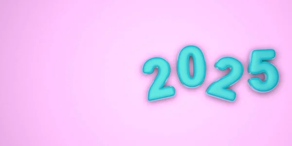 Gott nytt år 2025. Festlig 3d illustration av antalet färgade glas i blått på en rosa bakgrund nummer 2025. Realistiskt 3D-tecken. Semester affisch eller banner design. — Stockfoto