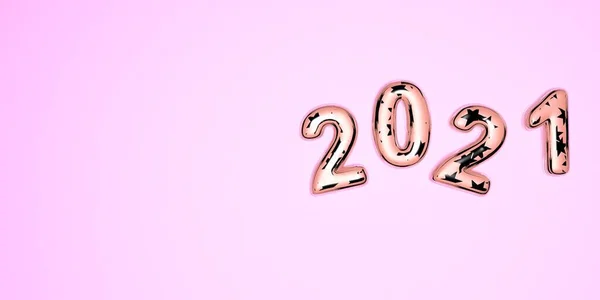 Feliz Año Nuevo 2021. Ilustración festiva 3D de números de vidrio de color rosa y estrellas de plata sobre un fondo rosa de números 2021. Signo realista 3d. Cartel de vacaciones o diseño de banner . — Foto de Stock