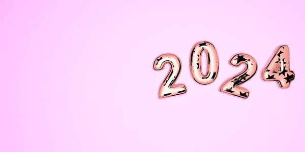 Gott nytt år 2024. 3D festlig illustration av rosa färgade glas siffror och silver stjärnor på en rosa bakgrund nummer 2024. Realistiskt 3D-tecken. Semester affisch eller banner design. — Stockfoto