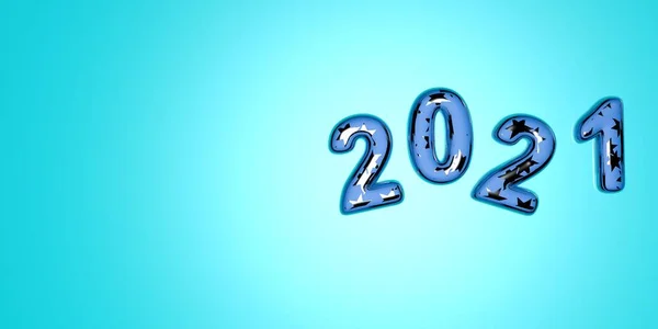 Feliz Año Nuevo 2021. Ilustración festiva en 3D de números de vidrio de color de estrellas azules y plateadas sobre un fondo azul de números 2021. Signo realista 3d. Cartel de vacaciones o diseño de banner . — Foto de Stock