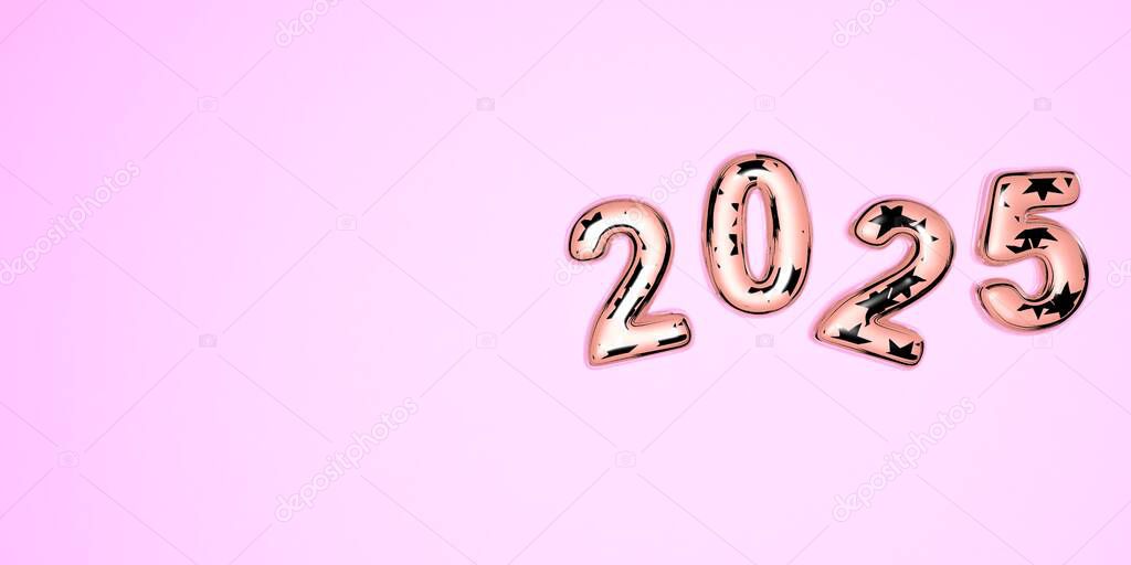 Feliz Año Nuevo 2025. Ilustración festiva 3D de números de vidrio de