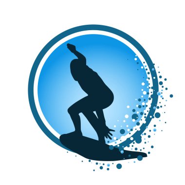 Surfer sörf tahtası siluet ile yuvarlak simge