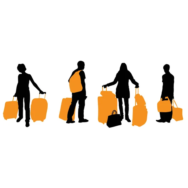 Σιλουέτα Του Ταξιδεύουν Άνθρωποι Βαλίτσες Και Τσάντες Ταξιδιωτών — Διανυσματικό Αρχείο
