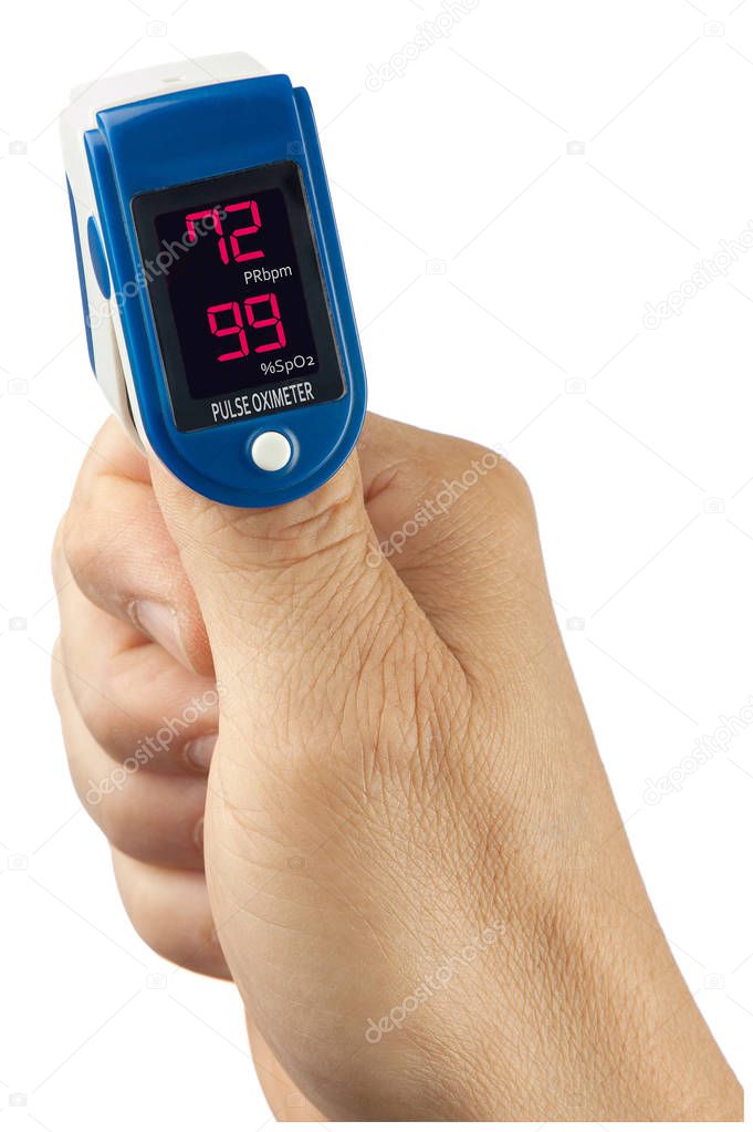 A pulse oximeter attached to a patient's thumb displays normal values.