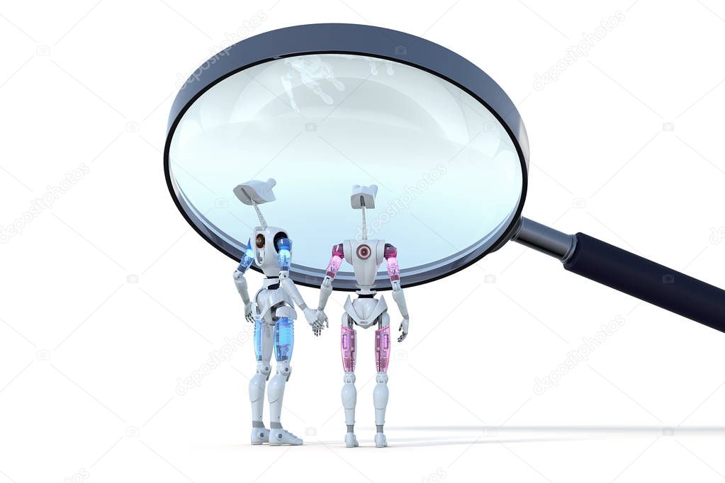 A couple of robots being examined under a magnifying glass.