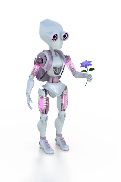Rendu 3D d'un robot fille mignonne tenant une fleur — Photo