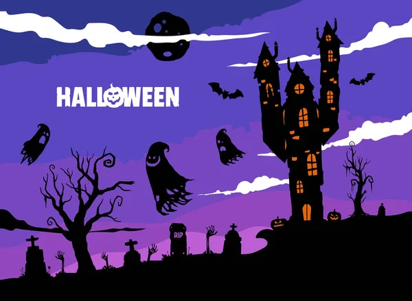 Spooky Halloween Illustration Med Gamla Hus Spöken Och Graveyard Silhuetter — Stock vektor