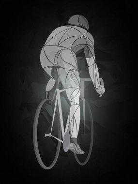 Bisiklet turu, pist, bisiklet, geometrik, bisikletçi stilize vektör. Genç bir adam bisiklet sürüyor. Spor aktivitesi.