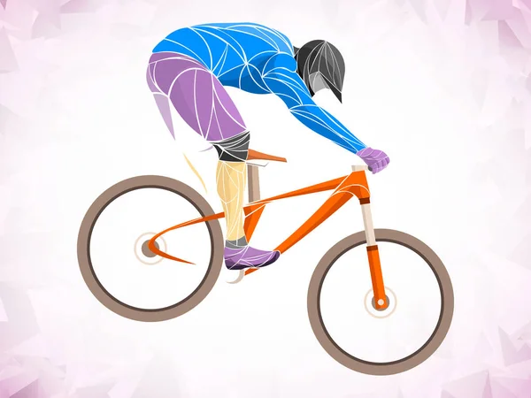 Cycling tour, track, bicycle, geometric, cyclist stylized vector. A Young man is cycling a bicycle. Sports activity. — Stock Vector