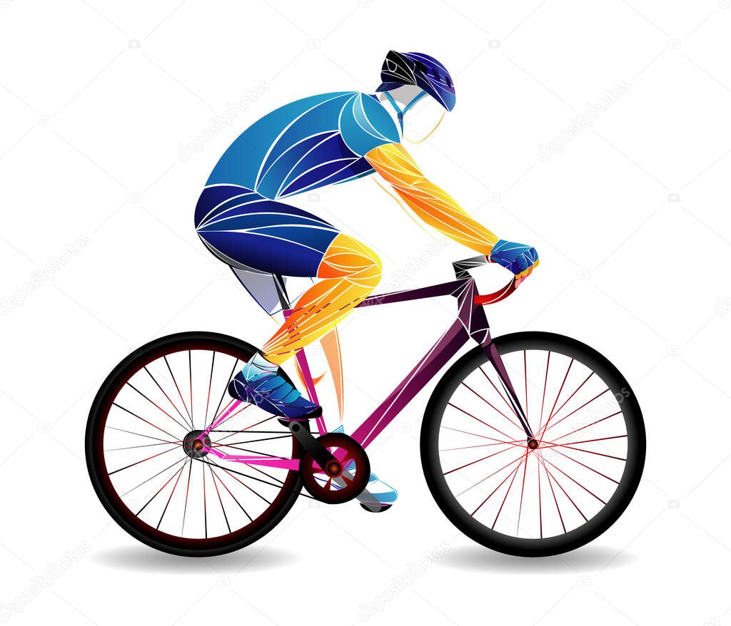Cycling tour, track, bicycle, geometric, cyclist stylized vector. A Young man is cycling a bicycle. Sports activity.