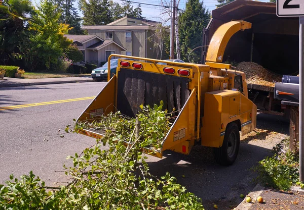 Cleaning works in the suburbs. Wood chipper while chopping branches.