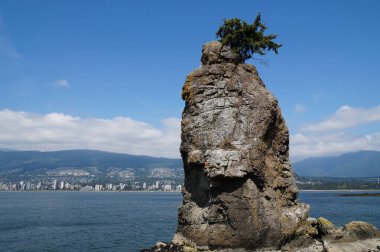 Eskiden denizciler için bir dönüm noktasıydı, bugün ise turistik bir yer. Siwash Kayası, Squamish adıyla da bilinir. Vancouver, British Columbia, Kanada.