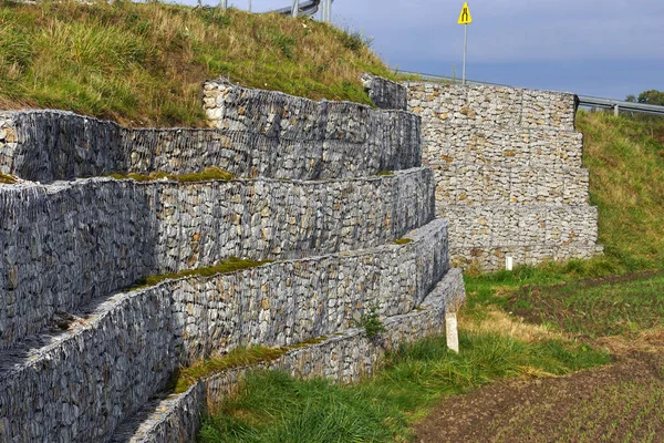 Gabón Muro Contención Fortalecimiento Del Terraplén Vial Con Cestas Metálicas — Foto de Stock
