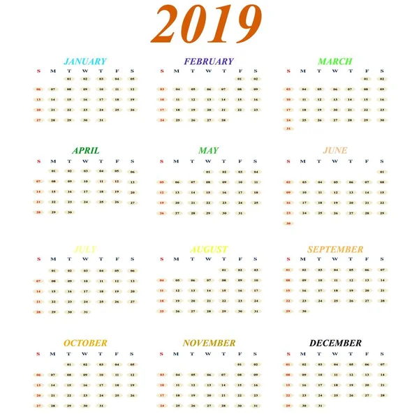 Calendario 2019 año meses de iconos de color — Vector de stock