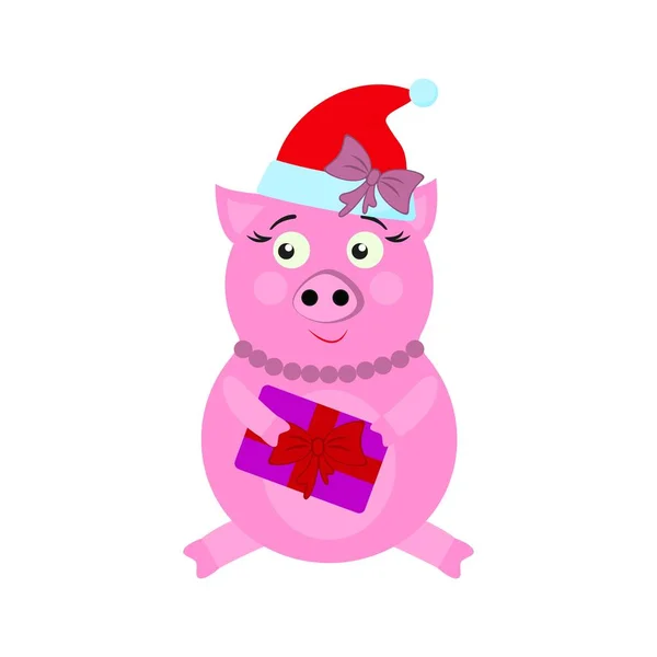 A pig with present New Year icons in color — Stock Vector