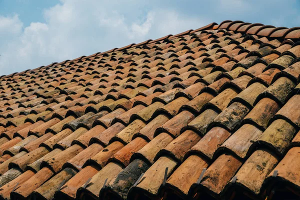 Diagonal Rows Orange Clay Roof Tiles Mediterranean Town Blue Sky — Stock Photo, Image