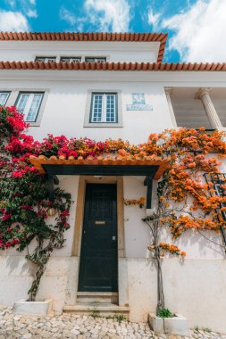 Geniş açılı görünüş geleneksel beyaz evler Cascais tarihi merkezinde boudaville bitkiler ile mavi bir gökyüzü karşı yıkanmış.