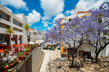 Meşgul turistik restoran ve Bar geleneksel Portekiz mimarisi ve ön plan üzerinde mavi jakaranda ağacı
