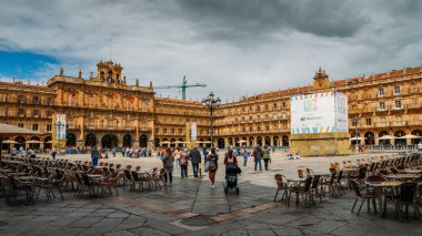 Famous and historic Plaza Mayor in Salamanca with dramatic clouds, Castilla y Leon, Spain - Unesco World Heritage Site clipart