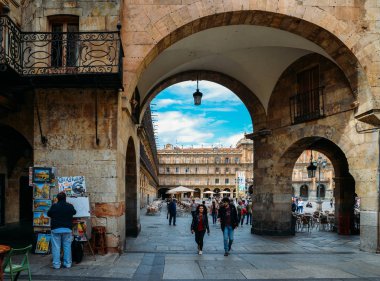 Archway entrance to the famous and historic Plaza Mayor in Salamanca, Castilla y Leon, Spain - UNESCO World Heritage Site clipart