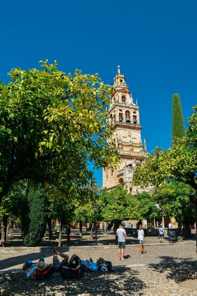 Los turistas se relajan a la sombra en el Patio De Los Naranjos en la Catedral de La Mezquita en Córdoba, España - Patrimonio de la Humanidad por la UNESCO — Foto de Stock