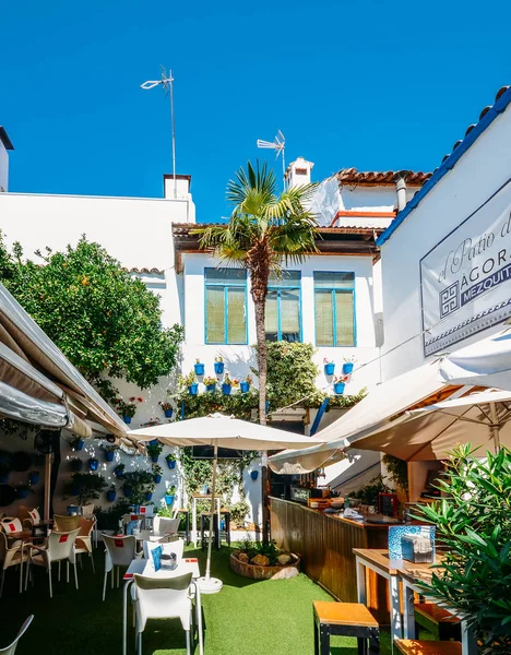 Floreros y Flores Azules en un restaurante de patio en el centro histórico de Córdoba —  Fotos de Stock