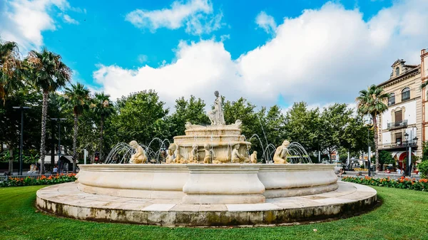Fountain of Hispalis with nereid sea nymphs, Fuente Hispalis, in Puerta de Jerez — Stock Photo, Image