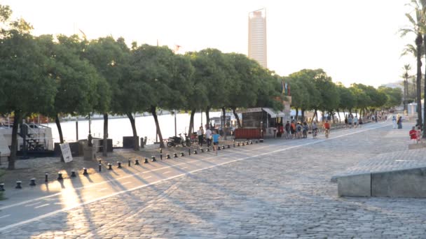 Fußgänger entspannen sich und treiben Sport am Ufer des Flusses Guadalquivir, Esplanade genannt paseo alcalde marques del contamdero — Stockvideo