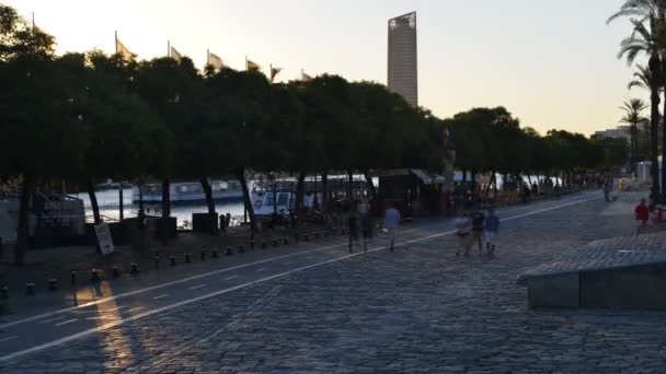 Caducidad de los peatones que se relajan y practican deportes en el terraplén del río Guadalquivir, explanada llamada Paseo Alcalde Marques del Contadero — Vídeos de Stock