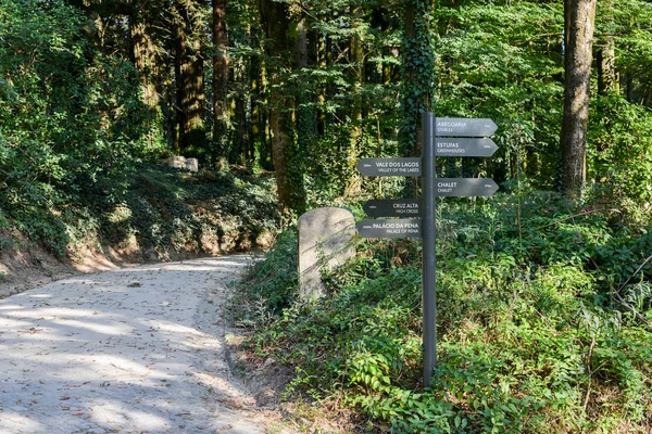 Yolları ile tabelaları büyülü parkın içinden bir Pena Sarayı Sintra, Portekiz