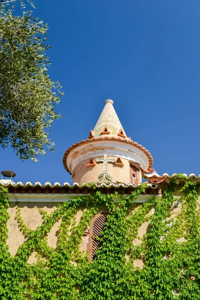 Ventana de una antigua casa con pared cubierta de uvas silvestres — Foto de Stock