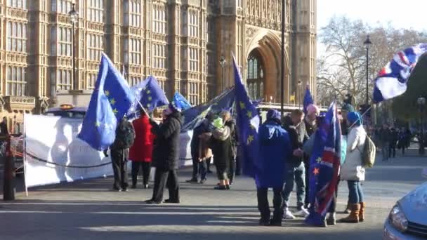 Partidarios anti-Brexit ondeando banderas de la UE y británicas en el viento frente al Palacio de Westminster — Vídeos de Stock