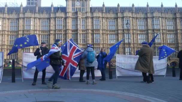 Anti-Brexit anhängare viftande Eu och brittiska flaggor i vinden framför Westminster Palace — Stockvideo