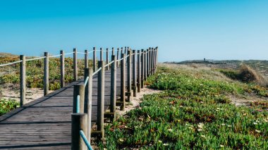 Praia da Frente Azul 'da tahta tahta kaldırım, İngilizcede deniz kıyısındaki tatil beldesi Espinho' nun mavi plaj cephesi.