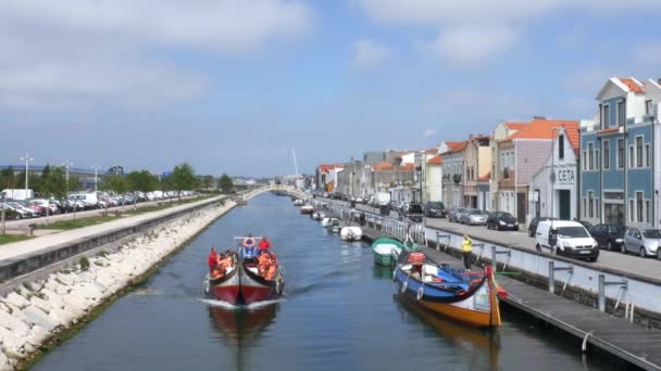 Tradiční portugalská loď, Moliceiro, přepravující turisty v Aveiro, Portugalsko — Stock video