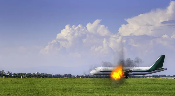 Airplane engine on fire at taxiway - digital manipulation disaster concept