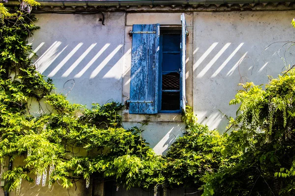 Frankrijk, Provence. Typisch oud huis, open raam met de blauwe luiken omgeven een groene planten — Stockfoto