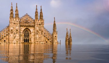 Digital manipulation of flooded facade of Milan, Italys Duomo cathedral clipart