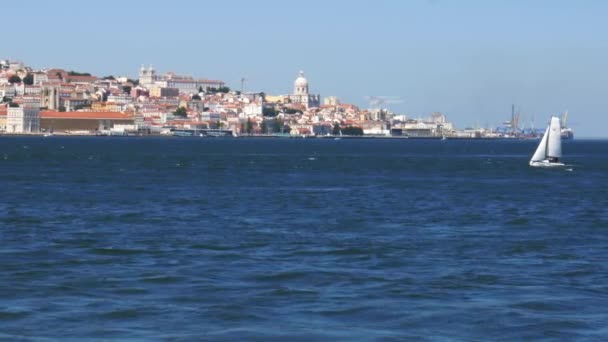 City center of Lisbon, Portugal from the Tagus river captured from a ferry — Stock Video