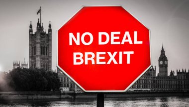 Hayır Deal Brexit işareti Parlamento Evleri ile, Londra arka planda - seçici boyama