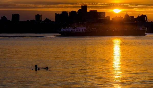 Silhueta de homem nadando no rio Maas em Rotterdam, Holanda com horizonte no fundo — Fotografia de Stock