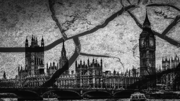 Houses of Parliament and Big Ben in London with deep cracks as a metaphor for disorder - Brexit theme — Stock Photo, Image