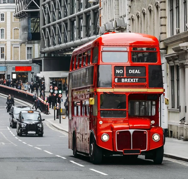 No deal Brexit Routemaster London Bus with black cab — Stock Photo, Image