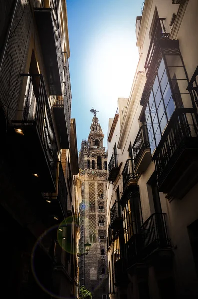 Vista da torre Giralda da Catedral de Santa Maria da Sé, Catedral de Sevilha, através de uma rua estreita, Andaluzia, Espanha — Fotografia de Stock