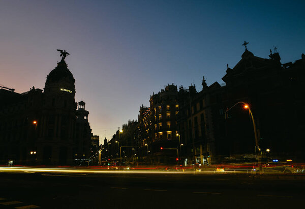 Madrid, Spain long exposure cityscape at Calle de Alcala and Gran Via.