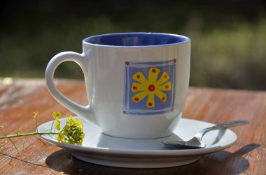 Kahve fincanı, uçan daire, açık havada ahşap bir masa üzerinde çiçek.