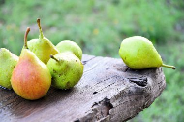 Bir yaz gününde bir yaz tahtası üzerinde bahçede Olgun armut meyve.