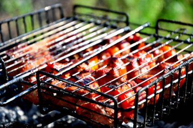 Şiş kebap, biftek, açık havada dolmalık biber kömürler üzerinde duman.