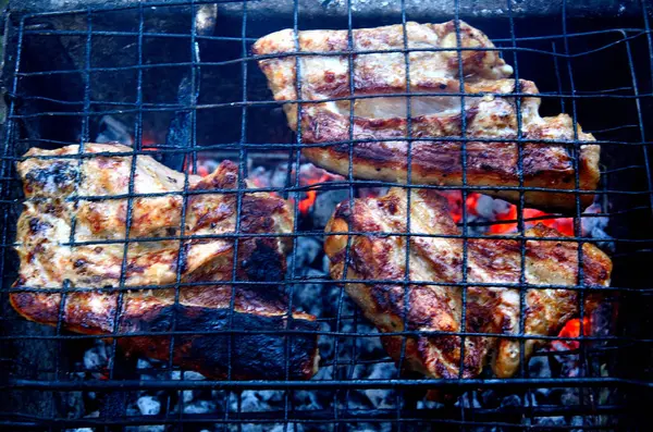 Cocinar Carne Carbón Jardín Barbacoa Aire Libre —  Fotos de Stock